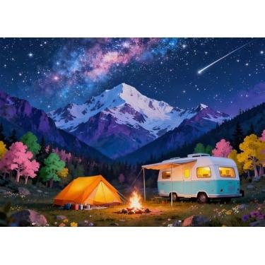 Imagem de DePhoto Cenário de acampamento de 2,8 x 1,8 m, fogueira, vista noturna das montanhas aurora, fundo para atividades ao ar livre, viagem, tema de festa, decoração de fotos, adereços de vinil