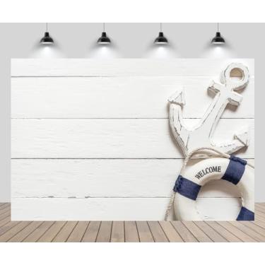 Imagem de CHNYWORK Âncora de fundo Welcome Aboard de 3 x 2 m, boia ao vivo, fundo de parede de madeira branco gasto, chá de bebê, marinheiro, tema náutico, decoração de festa de aniversário, adereços de parede