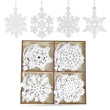 Imagem de Yymobt 16 peças de enfeites brancos de flocos de neve de Natal de madeira vazada com barbante para decoração de guirlanda de árvore de Natal, presente de artesanato de inverno