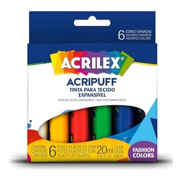 Imagem de Kit Tinta Para Tecido Acripuff ArtTeen 6 Cores 20ml Acrilex | Relevo Emborrachado Expansível ao Calor Ideal Para Artesanato e Customização
