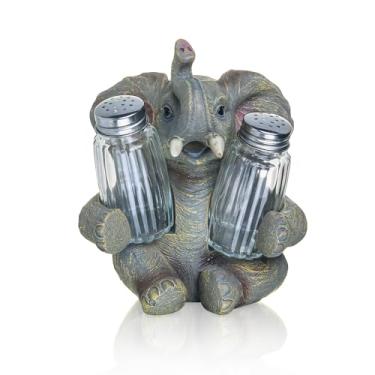 Imagem de Elegante conjunto de saleiro e pimenteiro com potes de tempero de vidro - dispensador de sal e pimenta com suporte de estatueta e estátuas de elefante de resina - decoração de cozinha de fazenda