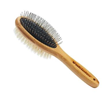 Imagem de Escova para cães e gatos, Vokiuler escova dupla face de cerdas e alfinetes para cuidados com cães, escova de queda de cerdas de javali real com cabo de bambu para cabelos longos e curtos, 1 pacote com
