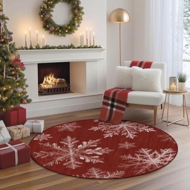 Imagem de FMFUNCTEX Tapete redondo de Natal de 1,2 m, vermelho, floco de neve, lavável, tapete antiderrapante para sala de estar, quarto, tapete interno macio para sala de jantar, cozinha, escritório, berçário