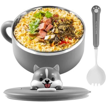 Imagem de UKQRRTC Tigela de ramen de 1,2 L, tigelas de macarrão com tampa, garfo e colher, alças, design de saída de vapor, resistente a quedas, forte e durável para quarto, escritório, itens essenciais de