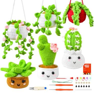 Imagem de Inawenxlg Kit de crochê para iniciantes com tutoriais em vídeo – Conjunto inicial Amigurumi para fazer 6 vasos de plantas penduradas