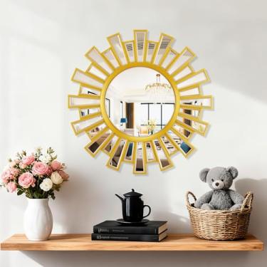 Imagem de QuiltMuse Espelhos de parede decorativos de 61 cm, espelho redondo para decoração de parede, decoração prateada moderna Sunburst, espelho de detalhes pendurados na parede para sala de estar, banheiro