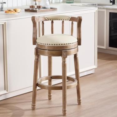 Imagem de AULIFE Bancos de bar de madeira de couro bovino, cadeira giratória de 360 graus com encosto para balcão de cozinha doméstica, bancos de bar para cadeira Morden (retrô, altura do assento de bar 75 cm)