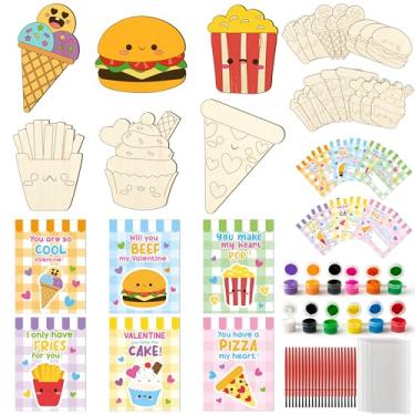 Imagem de CJiangpo 24 Pack Valentine’s Day Food Wood Painting Craft Kits, Valentines Cards with Watercolor Paint Bulk for Kids, Color Your Own Wooden Dessert DIY Craft Kids Classroom Exchange Gift Party Favors
