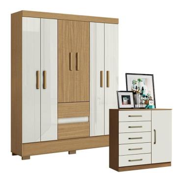 Imagem de Cômoda e Guarda Roupa Casal Coimbra Milão 11 Portas de Bater 7 Gavetas em MDP Moderno A...