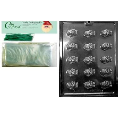 Imagem de Cybrtrayd Molde de chocolate de Natal do Papai Noel com kit de embalagem, inclui 25 sacos de violoncelo e 25 laços verdes torcidos