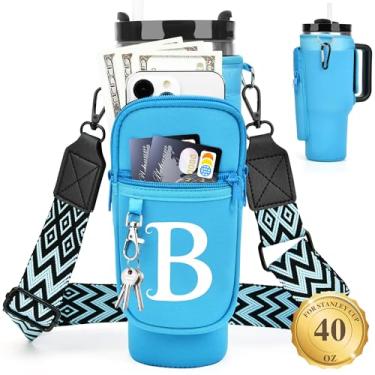 Imagem de LOKASS Suporte de garrafa de água personalizado com alça para acessórios Stanley Cup Tumbler de 1,134 g, bolsa de transporte inicial para garrafa de água com bolso para telefone, para mulheres, ideal