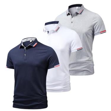 Imagem de Conjunto de 3 peças/2 peças camiseta masculina com base de lapela executiva camiseta de golfe slim fit manga curta camisa polo casual, Azul + branco + cinza, GG
