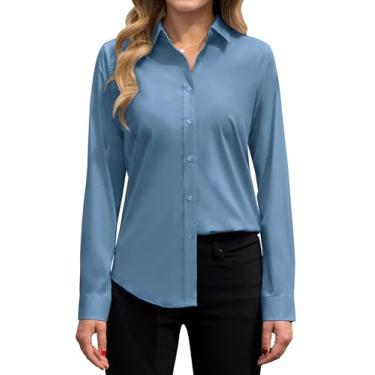 Imagem de siliteelon Camisas de botão camisas sociais femininas de manga comprida para trabalho camisas de algodão de ajuste regular, Jeans azul, XXG