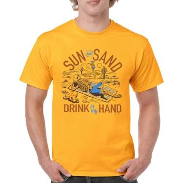 Imagem de Camiseta masculina Sun and Sand Drink in My Hand But its a Dry Heat Funny Skeleton Desert Summer Beach Vacation, Amarelo, GG