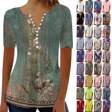 Imagem de PKDong Camisetas femininas de verão 2024 com botão notch gola V plissada túnica manga curta primavera blusas soltas casuais modernas, A11 Azul escuro, P
