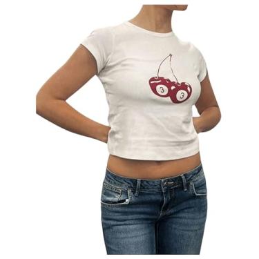 Imagem de SOLY HUX Camiseta feminina com estampa gráfica, manga curta, gola redonda, verão, Cereja branca, M