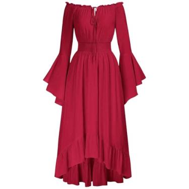 Imagem de Masbird Vestido vitoriano feminino Renascentista Faire fantasia feminina ombro de fora manga sino vestido alto baixo, Vermelho, GG