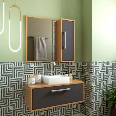 Imagem de Conjunto de Gabinete com Cuba Branca e Armário de Banheiro com Espelho Alice 2 PT Mel e Grafite