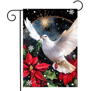 Imagem de ShineSnow Pomba branca voando no céu paz amor inverno flores vermelhas jardim quintal bandeira 30.5 cm x 45.7 cm dupla face poliéster bem-vindo bandeira bandeira para pátio gramado exterior decoração