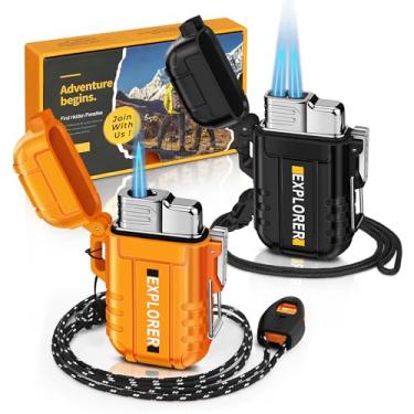 Imagem de Lafagiet Pacote com 2 isqueiros de tocha, chama de jato único e duplo, à prova de vento, à prova d'água, isqueiros recarregáveis a gás butano, pacote múltiplo para vela, acampamento, aventura ao ar