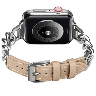 Imagem de ABNUSR Pulseira de couro compatível com Apple Watch de 49 mm, 45 mm, 44 mm, 42 mm, 41 mm e 40 mm com ligações de metal, pulseira de couro elegante para iWatch séries 9, 8, 7, 6, 5, 4 e SE, Ultra (42