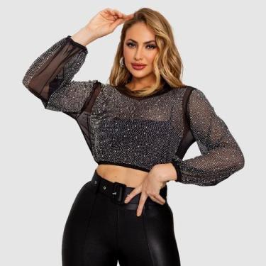 Imagem de Cropped Feminino Manga Longa Tule Brilho Strass Moda Festa - SWISS BOU