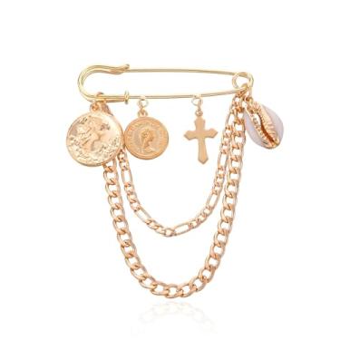 Imagem de Broche punk de corrente longa, alfinete de segurança moderno retrô para pendurar correntes de colarinho broches para mulheres, broche de casaco de colarinho legal para alfinetes de corsage masculinos,