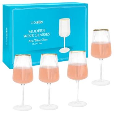 Imagem de Crutello Taças de vinho modernas - 482 g Copos de vinho canelados exclusivos com textura de vidro com nervuras vintage e borda dourada, taças de vinho art déco vermelho ou branco extravagante -