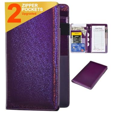 Imagem de Livros de servidor para garconete - Carteira de couro com glitter para garconete com bolso com ziper, organizador de mesa fofo e garconete com avental para servidor com bolso para dinheiro