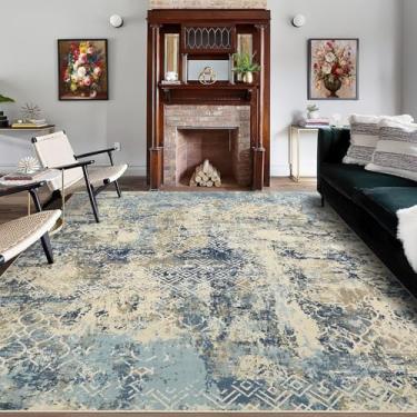 Imagem de COZYLOOM Tapete lavável à máquina, 12 x 18 cm, moderno, abstrato, antiderrapante, geométrico, dobrável, de pelo baixo, ultramacio, para sala de estar, sala de jantar, escritório, camelo/azul