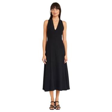 Imagem de Luxely Vestidos femininos de tecido sustentável midi com decote em V e fibras recicladas, Preto, 42