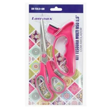Imagem de Kit Tesoura Multiuso 8.5 Com Amolador (rosa) - LANMAX
