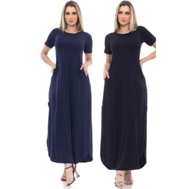 Imagem de Kit 2 Vestidos Longo Premium Azul Marinho e Preto Com Fenda Lateral - 