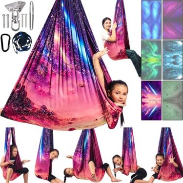 Imagem de Balanço sensorial para crianças e adultos comporta até 136 kg em ambientes internos e externos com kit de cabide giratório de 360° para acalmar, efeito para autismo, TDAH ou SPD. (rosa fantasia)