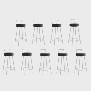 Imagem de Kit 09 Banqueta Alta Com Encosto Tais Eiffel Cozinha Bar Bistrô Ferro Branco Suede Cinza - Ahz Móveis