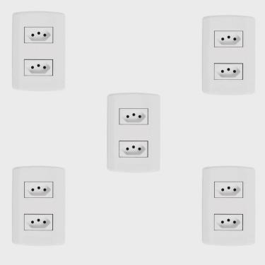 Imagem de Cinco Conjuntos com 2 Tomadas 2p + t 20A 250v, Modular, com Placa 4x2 e Suporte Branco