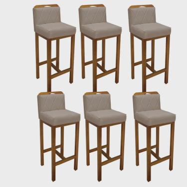 Imagem de Kit 06 Banqueta Alta Com Encosto Simon Cozinha Balcão Bistrô Base Madeira Carvalho Corino Bege - Ahz Móveis