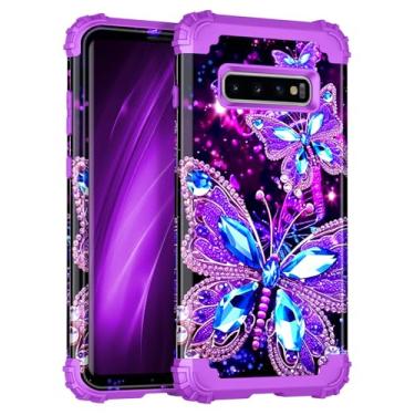 Imagem de Miqala Capa para Galaxy S10, brilha no escuro, três camadas, resistente, à prova de choque, proteção total de plástico rígido + capa protetora de silicone macio para Samsung Galaxy S10, borboleta