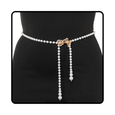 Imagem de Wriidy Cinto de pérola branco feminino Wasit corrente ajustável plus size cintos acessórios para o corpo para vestido, Branco, 56 inches