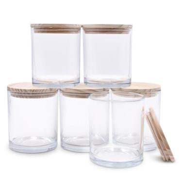Imagem de SHOWIN Frascos de vela de 400 ml de espessura para fazer velas, 6 peças, frascos vazios com tampas de madeira para potes de especiarias, recipiente de amostra, transparente