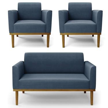 Imagem de Sofá Namoradeira E 2 Poltronas Base Madeira Castanho Maressa Suede Azul Marinho - Ibiza