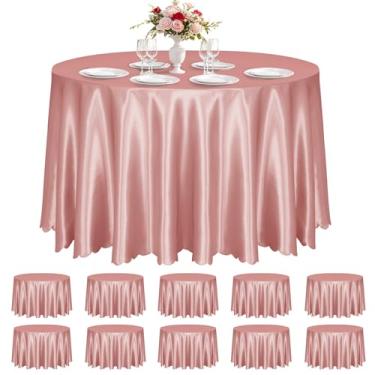 Imagem de KKJIAF Pacote com 10 toalhas de mesa redondas de cetim ouro rosa, 224 cm, sobreposição, toalha de mesa de jantar de cetim sedoso para decoração de banquetes de casamento, buffet, festas