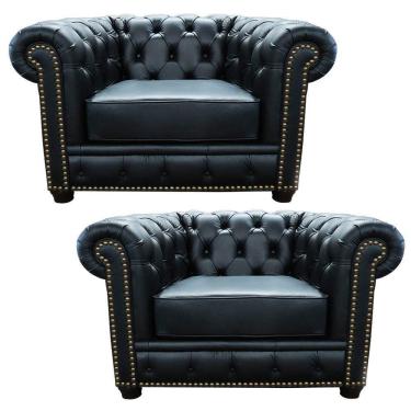 Imagem de Kit 2 Poltronas Chesterfield com Pés Madeira Couro Preto