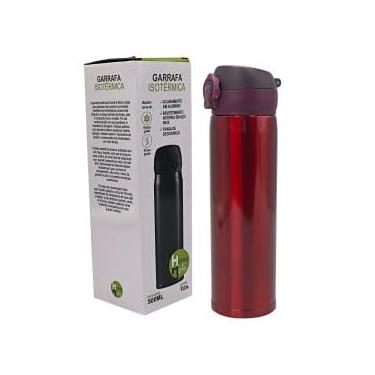 Imagem de Garrafa Térmica 500ml, Aço Inox, Tampa com Trava de Segurança, 23cm x 10cm, Vermelho