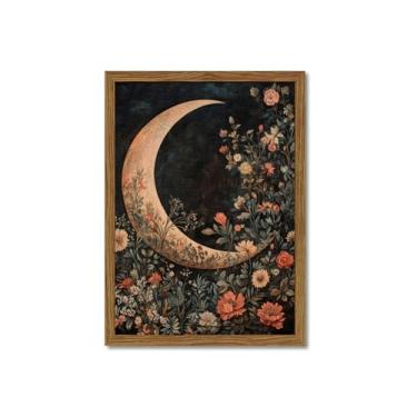 Imagem de Arte de parede vintage floral e lua, pinturas de decoração de parede de flores escuras, textura 3D arenito desenhado à mão William Morris Cottagecore arte para quarto sala de estar 61 x 40 cm moldura