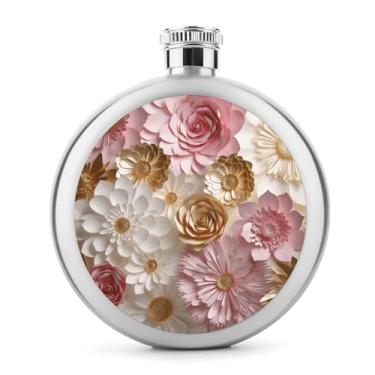 Imagem de Cantil de aço inoxidável, flores douradas brancas, impressão, bolso, cantil, garrafa de viagem, portátil, garrafa de licor portátil, cantil de metal