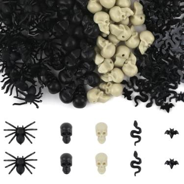 Imagem de ASUNFO Miniaturas de Halloween, 200 peças, mini aranhas de plástico, cabeças de caveiras, morcegos, cobras, falsas, realistas, estatuetas de Halloween para decorações de jardim de fadas