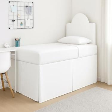 Imagem de Cottingon Saia de cama box plissada para dormitório com cantos divididos, 100% microfibra macia, brilho e aparência luxuosa, caimento personalizado, caimento fácil, solteiro GG 107 cm, branco