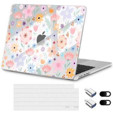 Imagem de Loyrina Capa para MacBook Pro de 16 polegadas 2024 M4 2023 versão 2021 – Design floral leve e moderno, capa transparente para laptop, com capa de teclado TPU e adaptadores OTG, flores coloridas