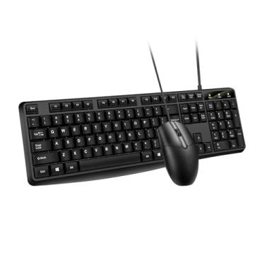 Imagem de Teclado e mouse com fio, teclado com 104 teclas com teclado numérico, indicadores de LED, ergonômico, confortável para tocar e ligar para Windows/Mac/PC; capa quadrada (preto)